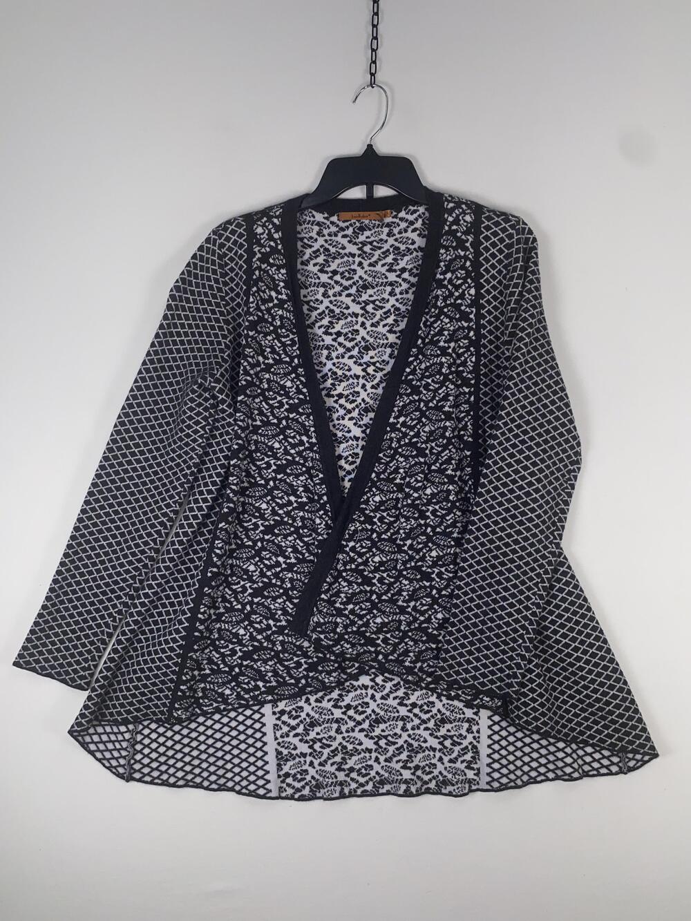 Belldini Cardigan Sweater Womens Large Black Floral Geometric Open Front Knit